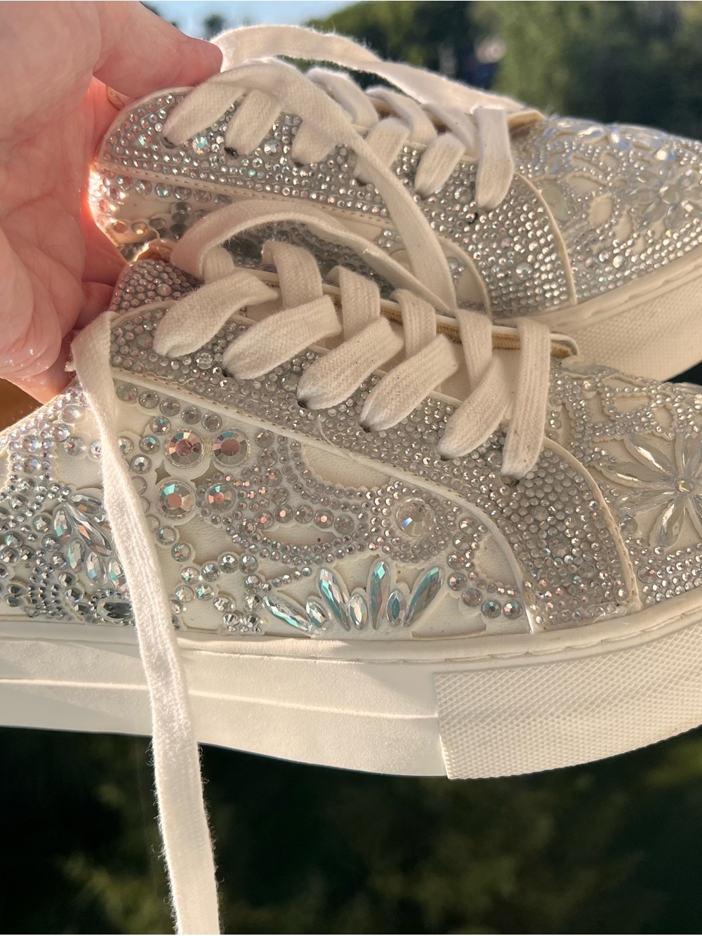 Betsey Johnson White Crystal Floral Embellished Sneakers